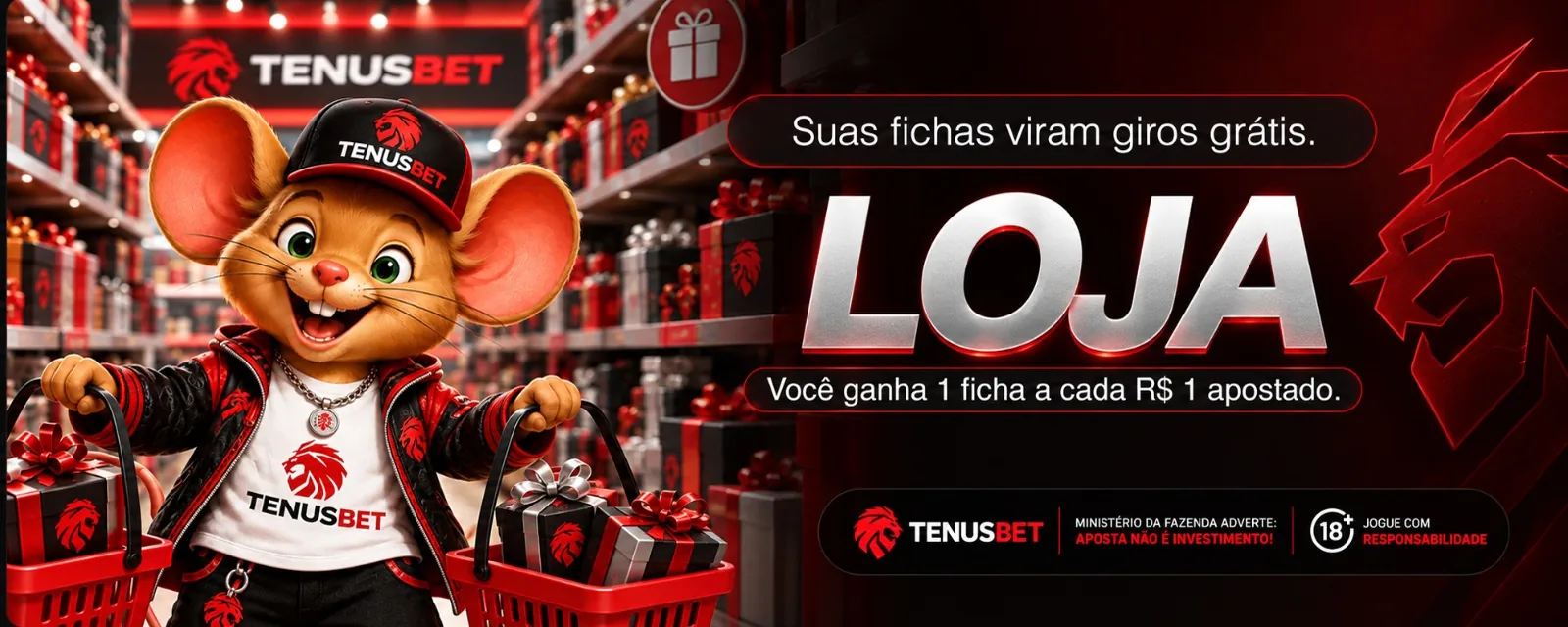 Loja — TENUSBET. Loja: suas fichas viram giros grátis. Você ganha 1 ficha a cada R$ 1 apostado.